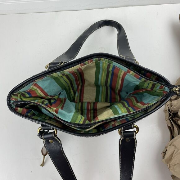 Fossil Modern Vintage Raffia Black Rattan Leather Woven Satchel Shoulder Bag Key - Picture 12 of 16